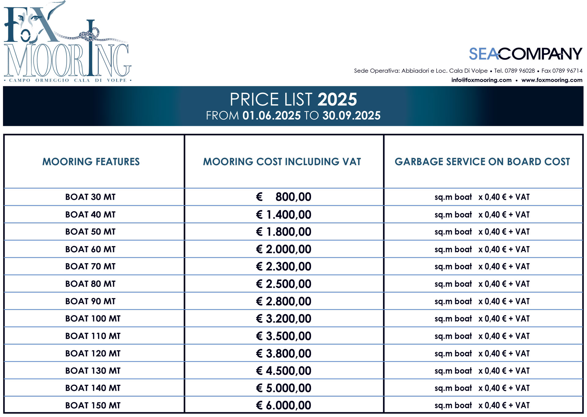 fox mooring cala di volpe price list low season